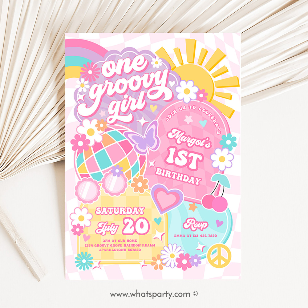 One Groovy Girl 1st Birthday Party Invitation Rainbow Sunshine Peace Love Party Groovy Hippie Birthday Party E5T