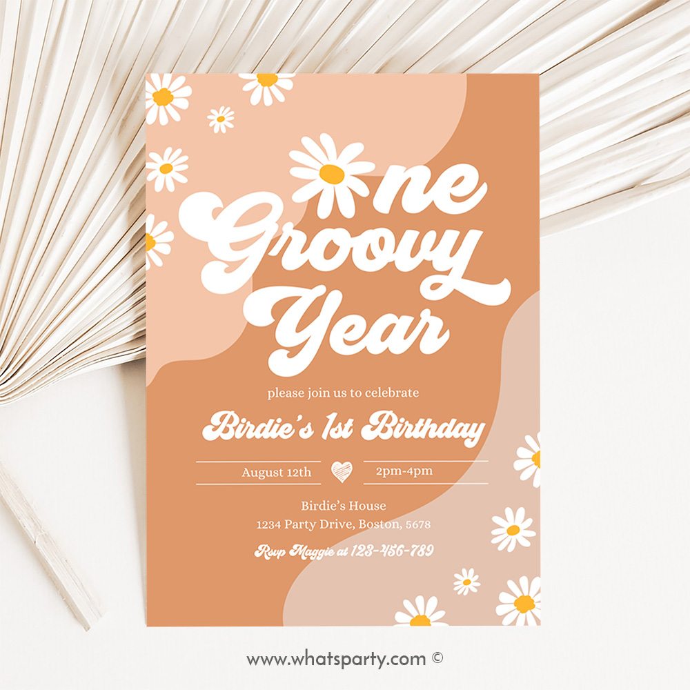 One Groovy Year 1st Birthday Party Invitation Boho Retro Groovy Hippie Floral 70's Birthday Party Daisy Party Fr