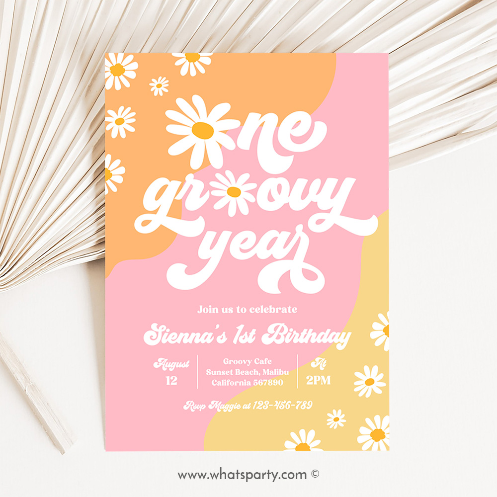 One Groovy Year 1st Birthday Party Invitation Boho Retro Groovy Hippie Floral 70's Birthday Party Daisy Party J1