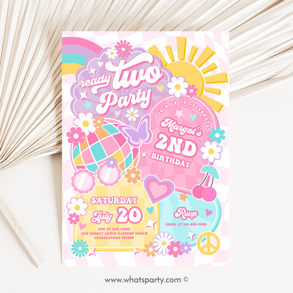 Ready Two Party 2nd Birthday Party Invitation Rainbow Sunshine Peace Love Party Groovy Hippie Party E5T