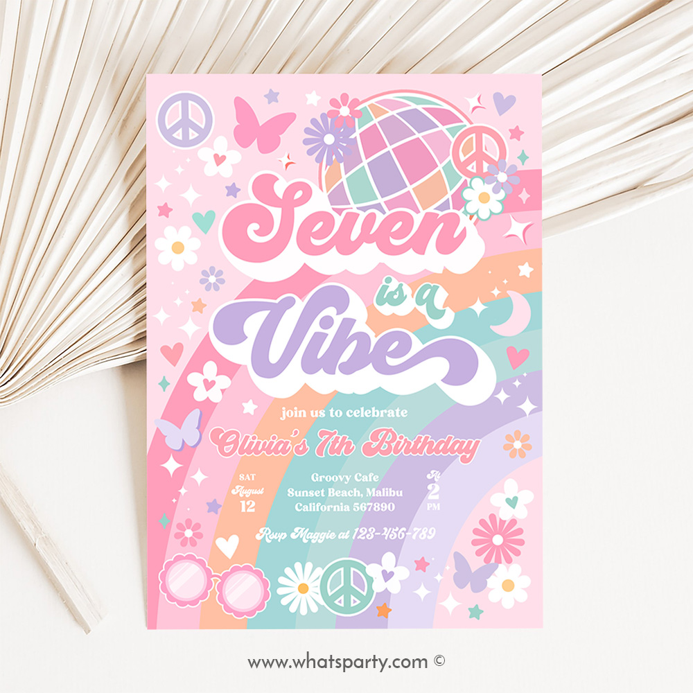 Seven Is A Vibe 7th Birthday Party Invitation Rainbow Sunshine Peace Love Party Groovy Hippie Party J2Q