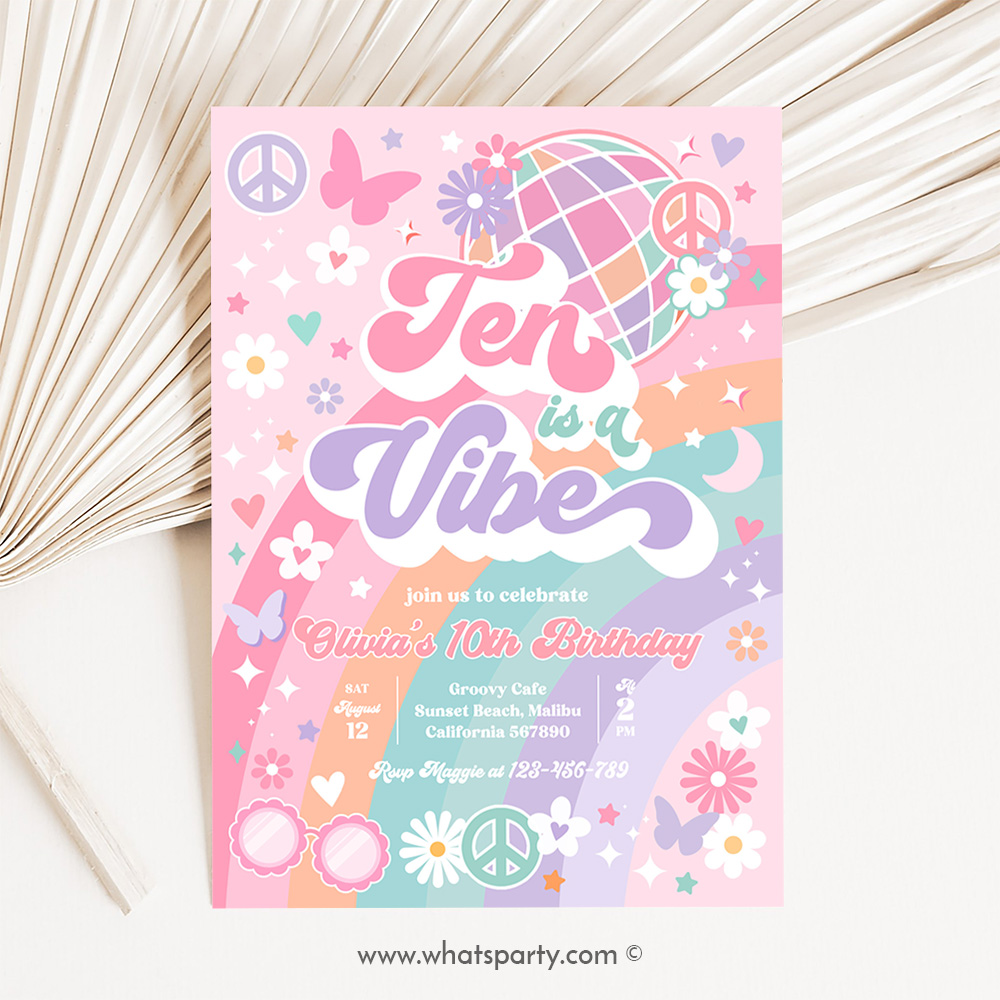 Ten Is A Vibe 10th Birthday Invitation Rainbow Sunshine Peace Love Party Groovy Hippie Party J2Q