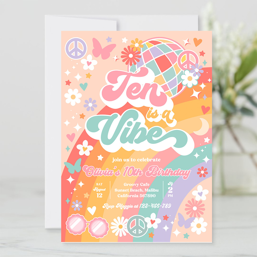 Ten Is A Vibe 10th Birthday Party Invitation Rainbow Sunshine Peace Love Party Groovy Hippie Party J2Q