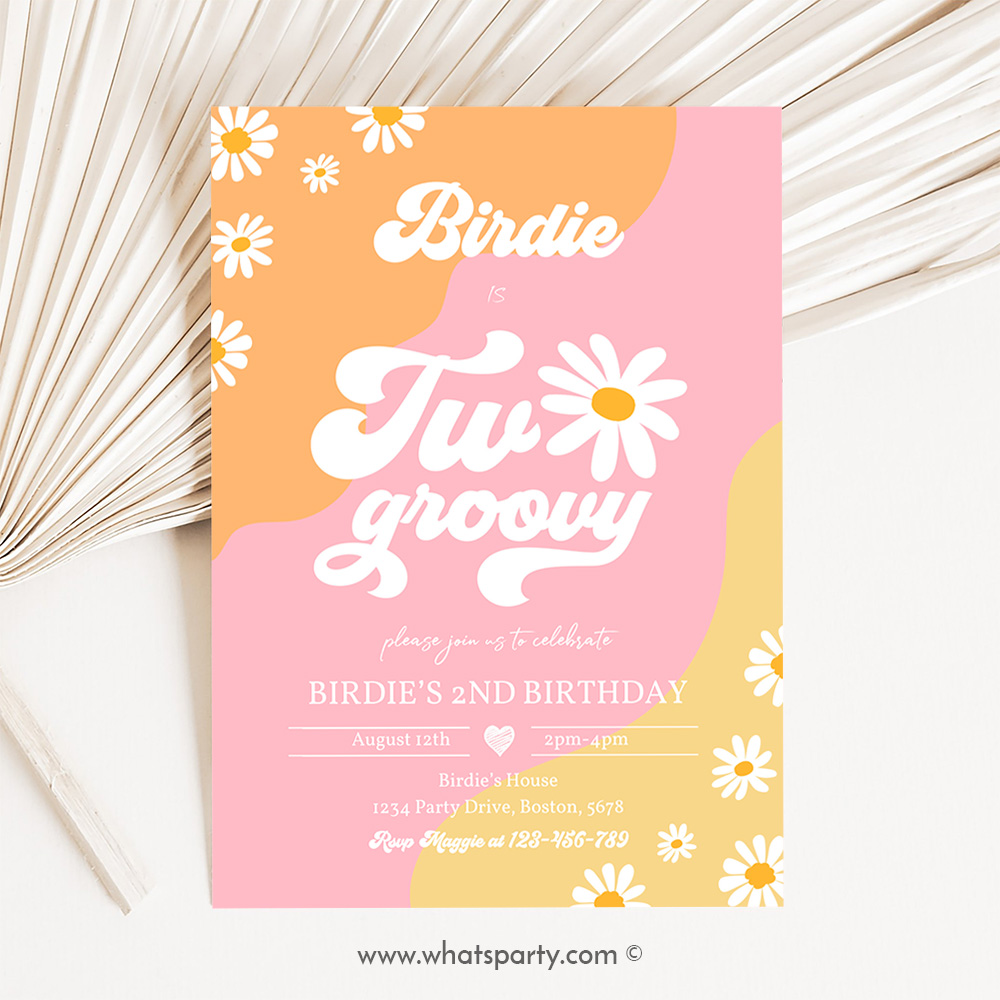 Two Groovy 2nd Birthday Party Invitation Boho Retro Groovy Hippie Floral 70's Birthday Party Daisy Hippie Party J1