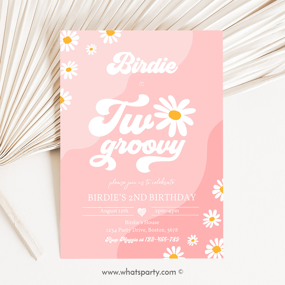 Two Groovy 2nd Birthday Party Invitation Boho Retro Groovy Hippie Floral 70's Birthday Party Daisy Hippie Party J5