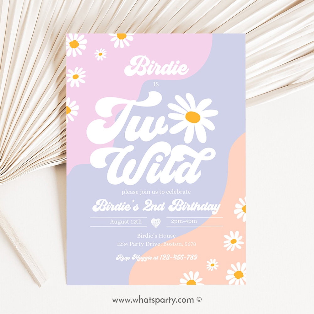 Two Wild 2nd Birthday Party Invitation Boho Daisy Two Wild Party Groovy Hippie Floral 70's Daisy Hippie Party D3