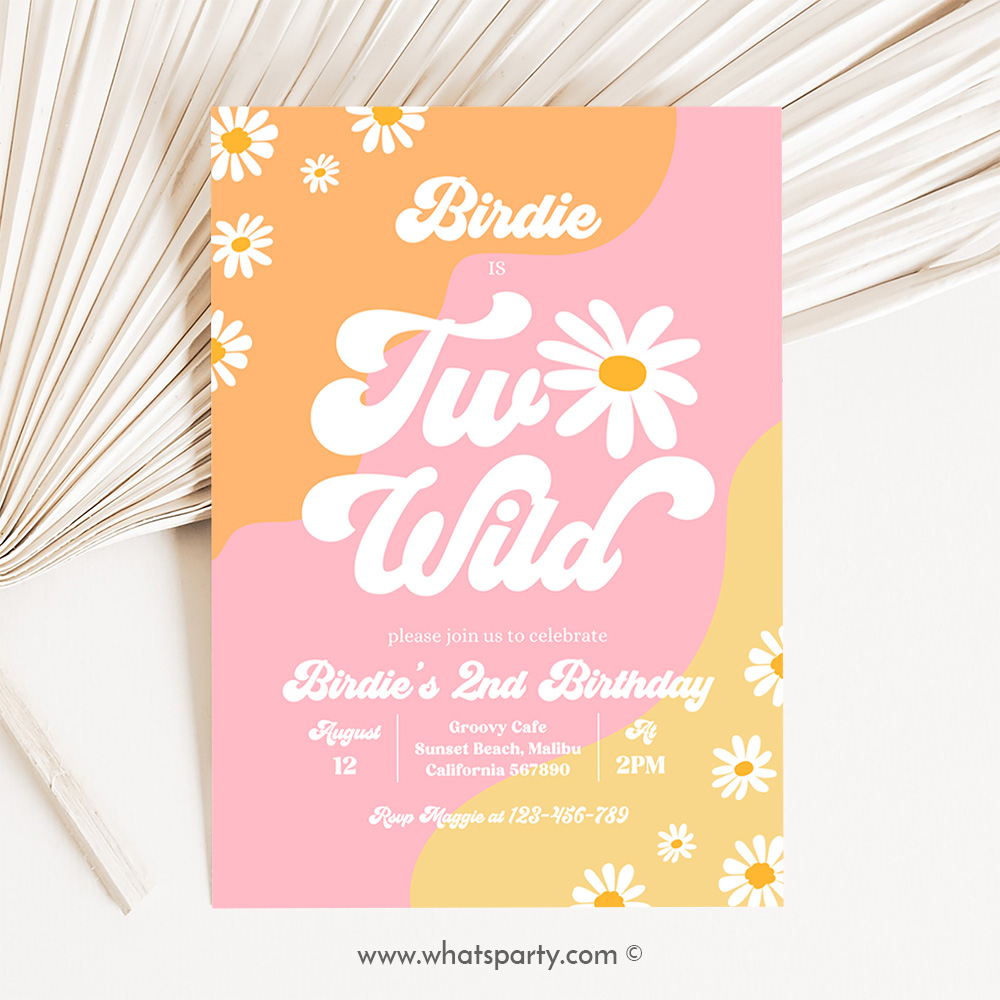 Two Wild 2nd Birthday Party Invitation Boho Daisy Two Wild Party Groovy Hippie Floral 70's Daisy Hippie Party J1