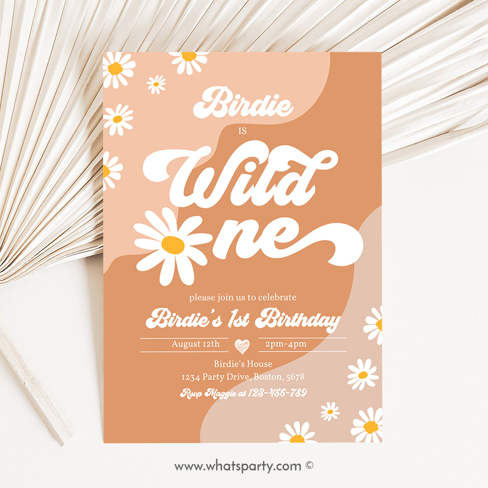 Wild One Girl 1st Birthday Party Invitation Boho Retro Groovy Hippie Floral 70's Birthday Party Daisy Party Fr