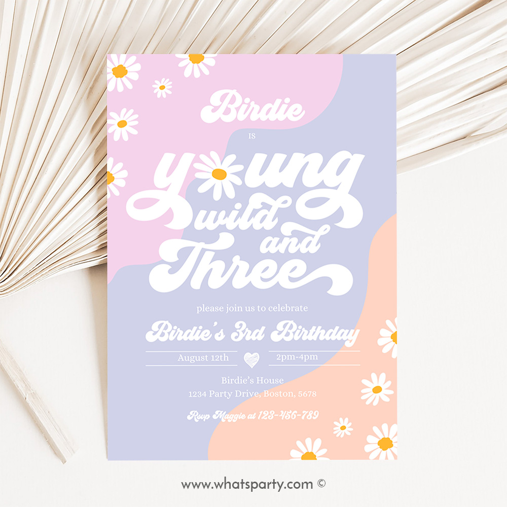 Young Wild And Three 3rd Birthday Invitation Boho Daisy Wild & Three Groovy Hippie Floral 70's Hippie Party D3