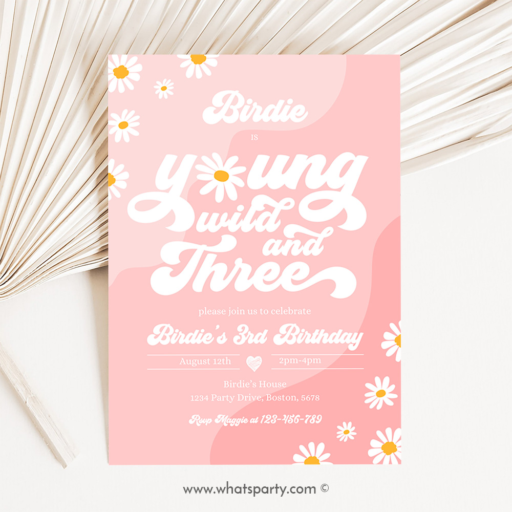 Young Wild And Three 3rd Birthday Invitation Boho Daisy Wild & Three Groovy Hippie Floral 70's Hippie Party J5